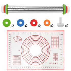 Stainless Steel Rolling Pin with 4 Removable Adjustable Thickness Rings and Rolling Mat Red