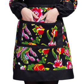 Black/Green Flowers Print Half Bistro Apron Chinese Style Cotton Kitchen Apron