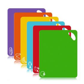 Set of 6 Colored Chopping Board Mats with Food Icons & Easy-Grip Handles Thick Flexible Plastic Kitchen Cutting Mats Set Non-Porous Dishwasher Safe