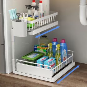 Double Sliding Metal Under Sink Organizer L Shape White