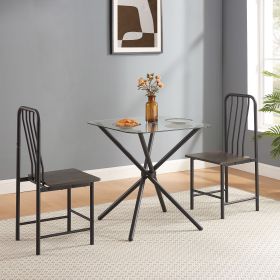 Dining Set for 2, Square Glass Tempered Dining Table with 4 Legs and 2 Metal Chair for Home Office Kitchen Dining Room, Black