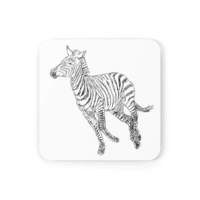 Home Decor, Coaster Set - 4 Piece Home/office, Galloping Zebra Line Art Drawing Print