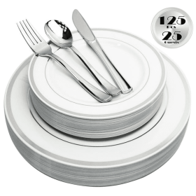 JL Prime 125 Piece Silver Plastic Plates & Cutlery Set, Re-usable Recyclable Plastic Plates with Silver Rim & Silverware, 25 Dinner Plates