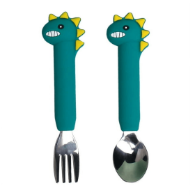 AWINNER Fork and Spoon Cartoon Set Baby Stainless Children Safe Utensil Set No BPA Spoons Flatware for Kids and Toddler - Long Green