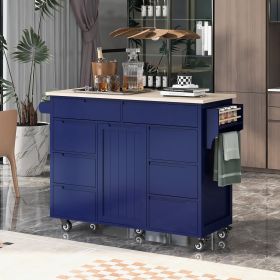 Kitchen Island has 8 Handle-Free Drawers Including a Flatware Organizer and 5 Wheels for Kitchen Dark Blue