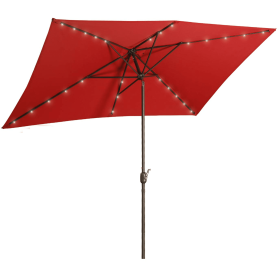 Waterproof Patio Tilt Umbrella and Solar Lights 6.5 ft. x 10 ft. 26 LED lights, Push Button Tilt, Crank in RED