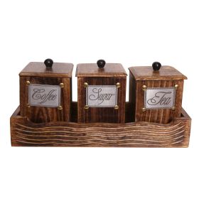 WILLART Wooden Antique Look Tea Coffee Sugar 3 Large Container Set in Wooden Tray