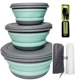 3pcs/set Silicone Collapsible Bowls with Lids. Foldable 3 pc Tableware (Color: Blue)