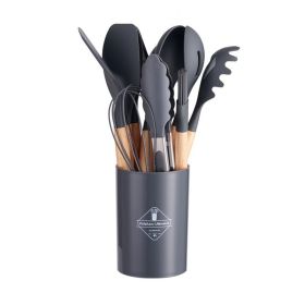 11pcs Silicone Wooden Handle Utensils Set Storage Bucket Non-stick (Color: Gray)