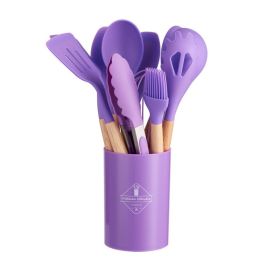 11pcs Silicone Wooden Handle Utensils Set Storage Bucket Non-stick (Color: Purple)