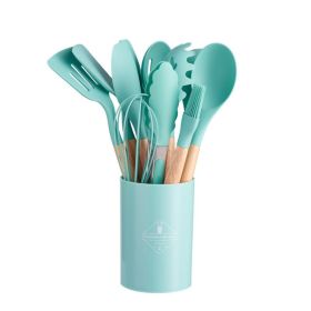 11pcs Silicone Wooden Handle Utensils Set Storage Bucket Non-stick (Color: Dark Green)