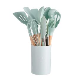 11pcs Silicone Wooden Handle Utensils Set Storage Bucket Non-stick (Color: Light Green)