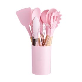 11pcs Silicone Wooden Handle Utensils Set Storage Bucket Non-stick (Color: Pink)