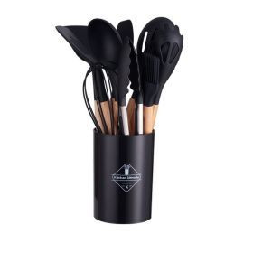 11pcs Silicone Wooden Handle Utensils Set Storage Bucket Non-stick (Color: Black)