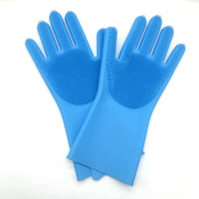 1 Pair Dishwashing Cleaning Gloves Magic Silicone Scrubber tool (Color: Blue, size: 1 Pair)