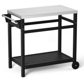 Outdoor Prep Cart Dining Table for Pizza Oven; Patio Grilling Backyard BBQ Grill Cart (Color: Black)