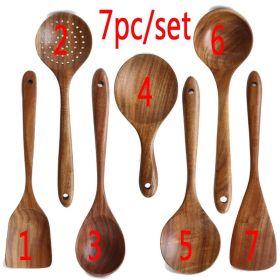 7pcs/set Teak Natural Wood Tableware Spoon Ladle Turner Skimmer Scoop Mixing Reusable Tool Kit (Color: 7pc)