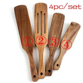 7pcs/set Teak Natural Wood Tableware Spoon Ladle Turner Skimmer Scoop Mixing Reusable Tool Kit (Color: shovel 4PC)