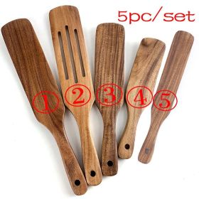 7pcs/set Teak Natural Wood Tableware Spoon Ladle Turner Skimmer Scoop Mixing Reusable Tool Kit (Color: shovel 5PC)