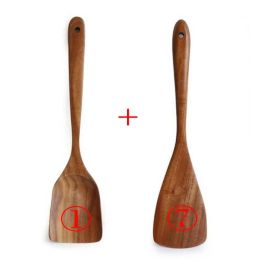 7pcs/set Teak Natural Wood Tableware Spoon Ladle Turner Skimmer Scoop Mixing Reusable Tool Kit (Color: 2PC 17)