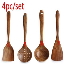 7pcs/set Teak Natural Wood Tableware Spoon Ladle Turner Skimmer Scoop Mixing Reusable Tool Kit (Color: 4pc)