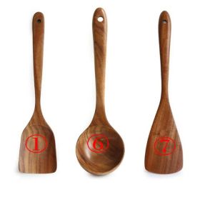 7pcs/set Teak Natural Wood Tableware Spoon Ladle Turner Skimmer Scoop Mixing Reusable Tool Kit (Color: 3PC 167)